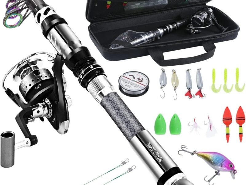 BNTTEAM Juego de caña de pescar portátil y carrete combinado de fibra de carbono, señuelos de pesca, kits de bolsa de transporte