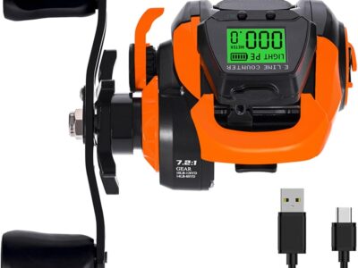 Carrete de pesca digital con relación de transmisión 7.2:1, contador de líneas, posicionamiento de profundidad y alarma de mordida