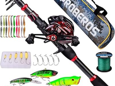 PROBEROS – Juego de caña de pescar telescópica de fibra de carbono de 2,1 m con juego de carrete giratorio